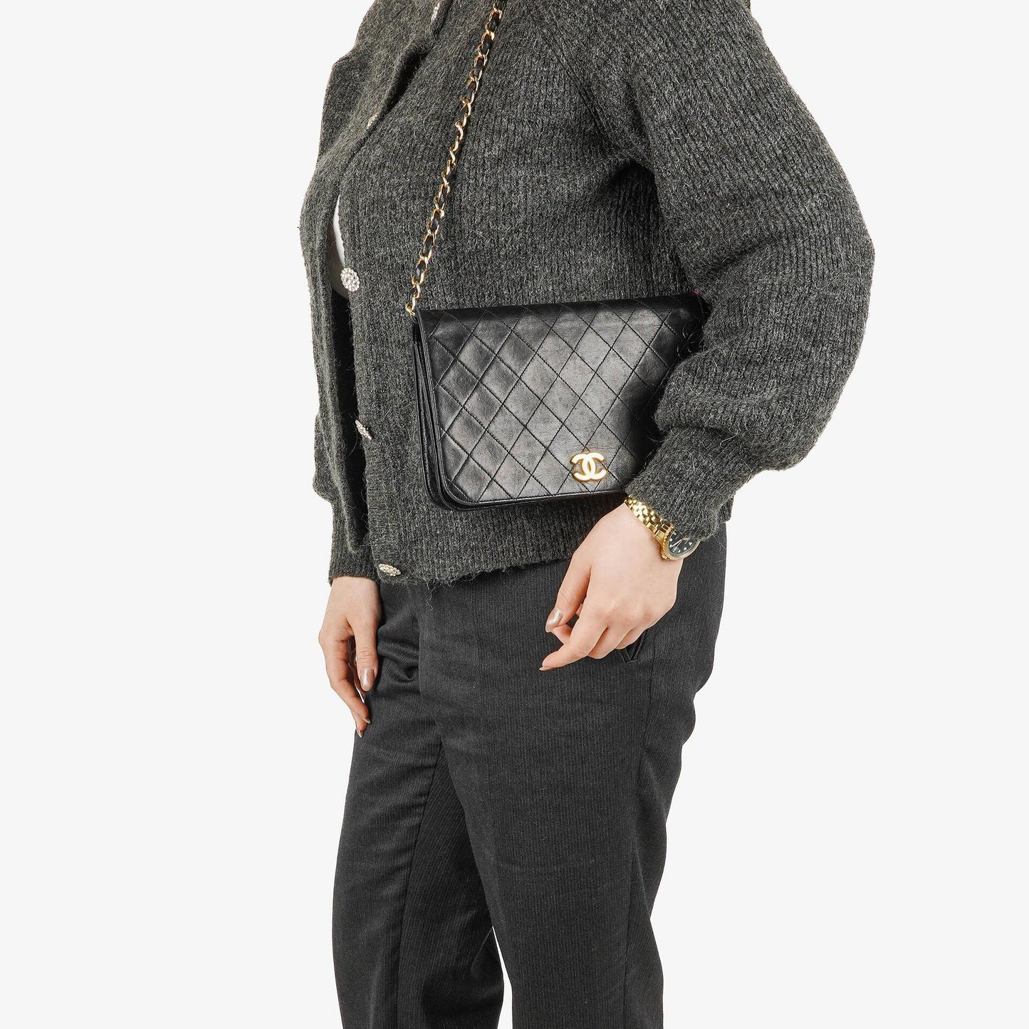 Chanel Classic Full Flap Tasche aus schwarzem gestepptem Lammleder mit 24K vergoldeten Beschlägen