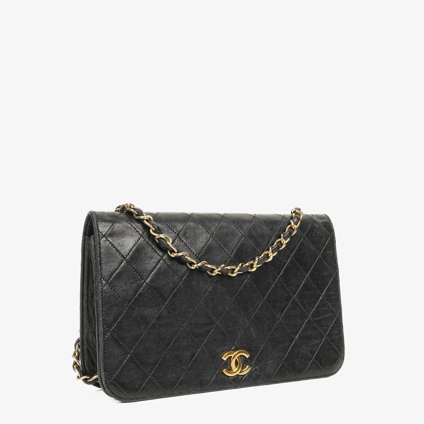 Chanel Classic Full Flap Tasche aus schwarzem gestepptem Lammleder mit 24K vergoldeten Beschlägen