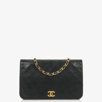 Chanel Classic Full Flap Tasche aus schwarzem gestepptem Lammleder mit 24K vergoldeter Hardware