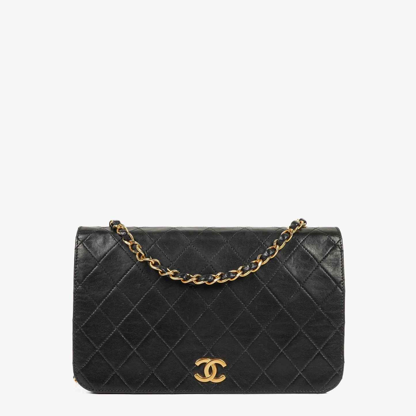 Chanel Classic Full Flap Tasche aus schwarzem gestepptem Lammleder mit 24K vergoldeter Hardware