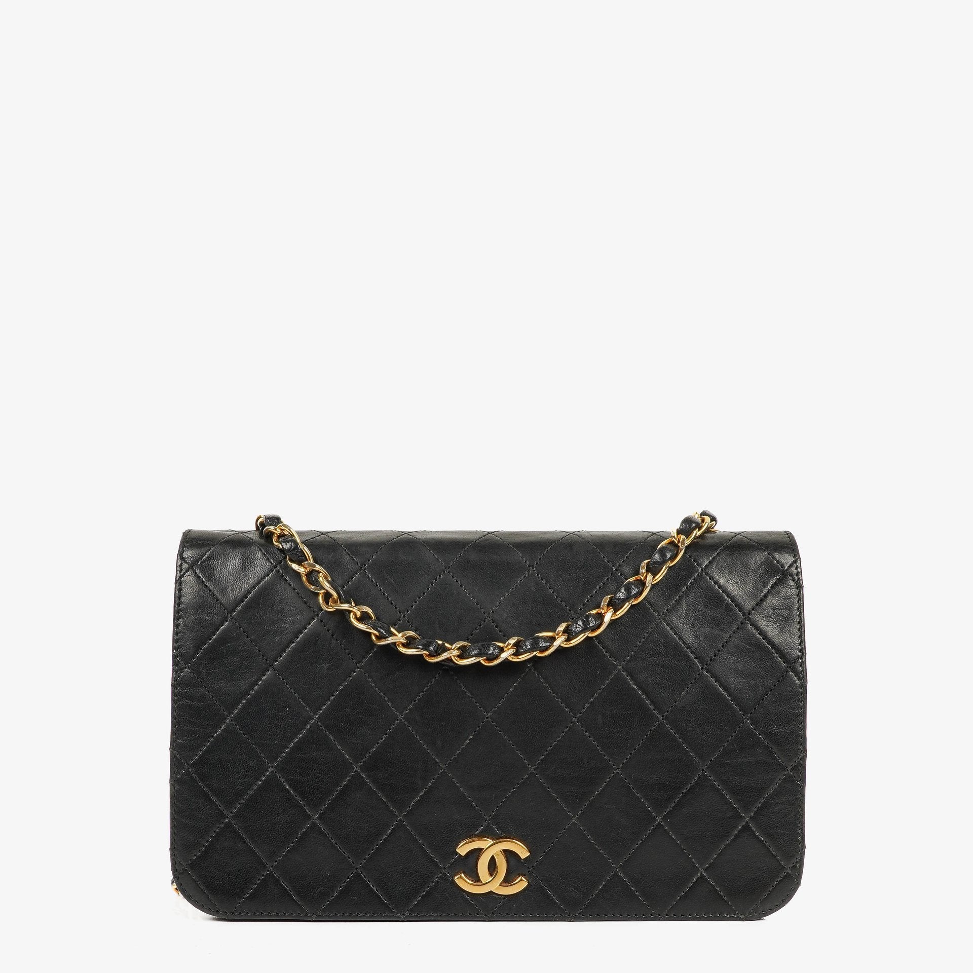 Chanel Classic Full Flap Tasche aus schwarzem gestepptem Lammleder mit 24K vergoldeter Hardware