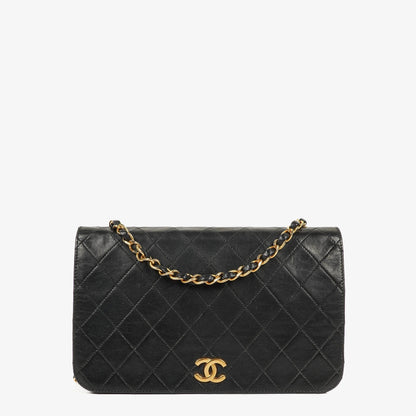 Chanel Classic Full Flap Tasche aus schwarzem gestepptem Lammleder mit 24K vergoldeter Hardware