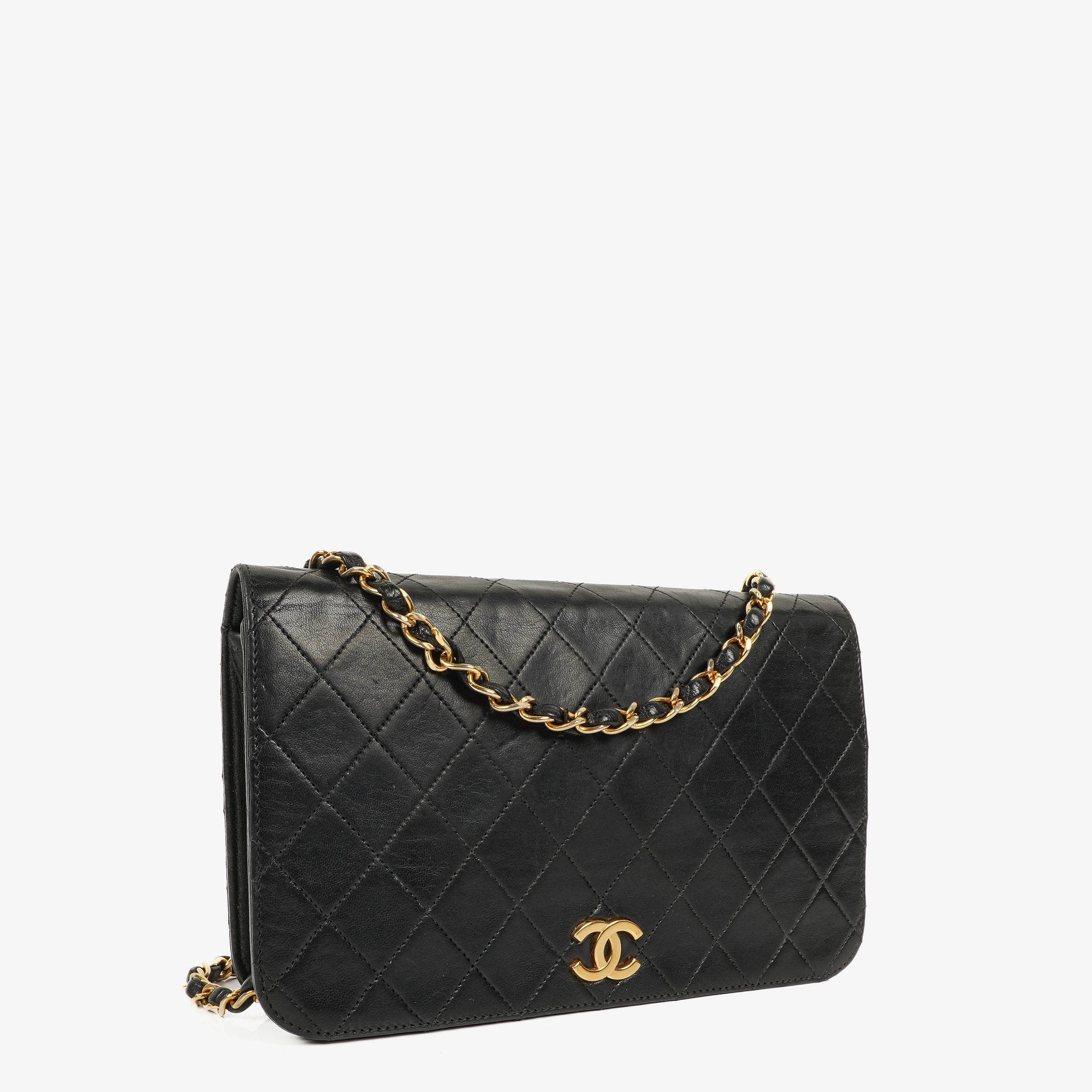 Chanel Classic Full Flap Tasche aus schwarzem gestepptem Lammleder mit 24K vergoldeter Hardware