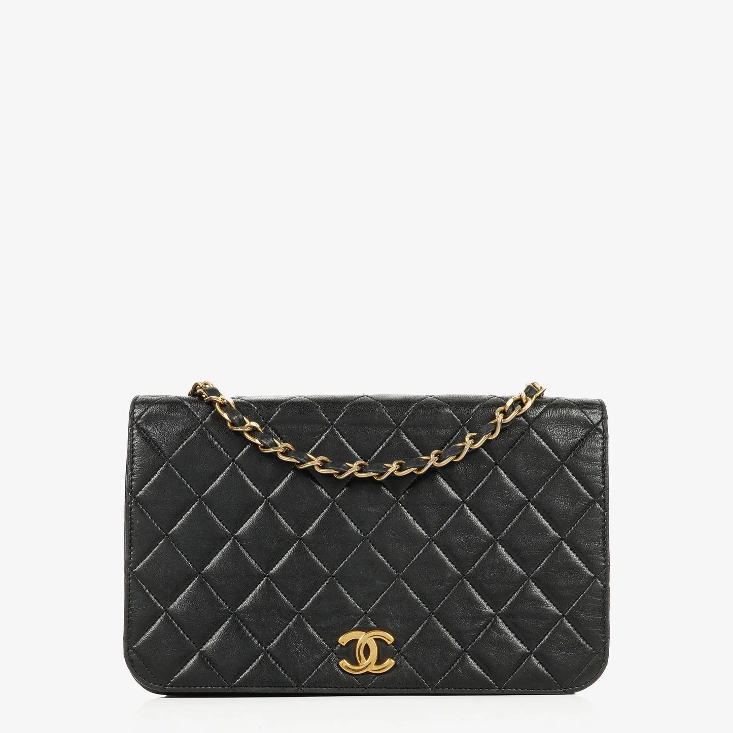 Chanel Classic Full Flap Bag aus schwarzem gestepptem Lammleder mit 24K vergoldeter Hardware