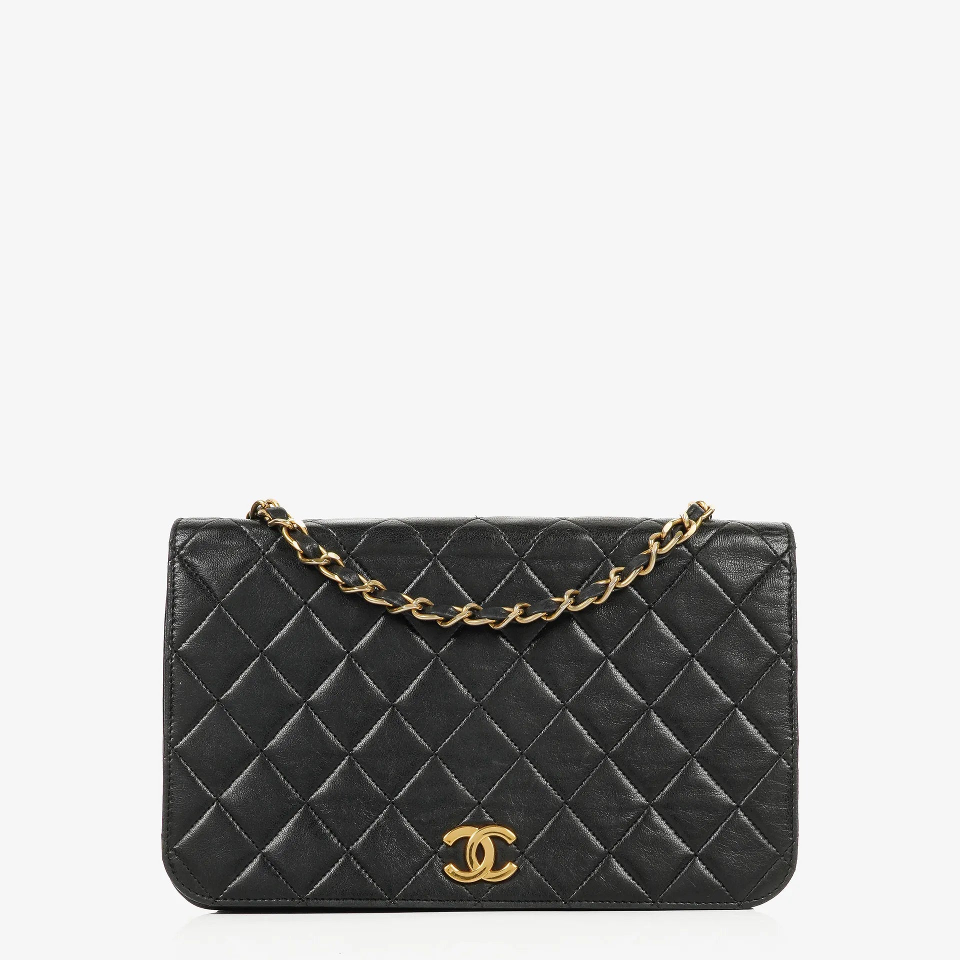Chanel Classic Full Flap Bag aus schwarzem gestepptem Lammleder mit 24K vergoldeter Hardware