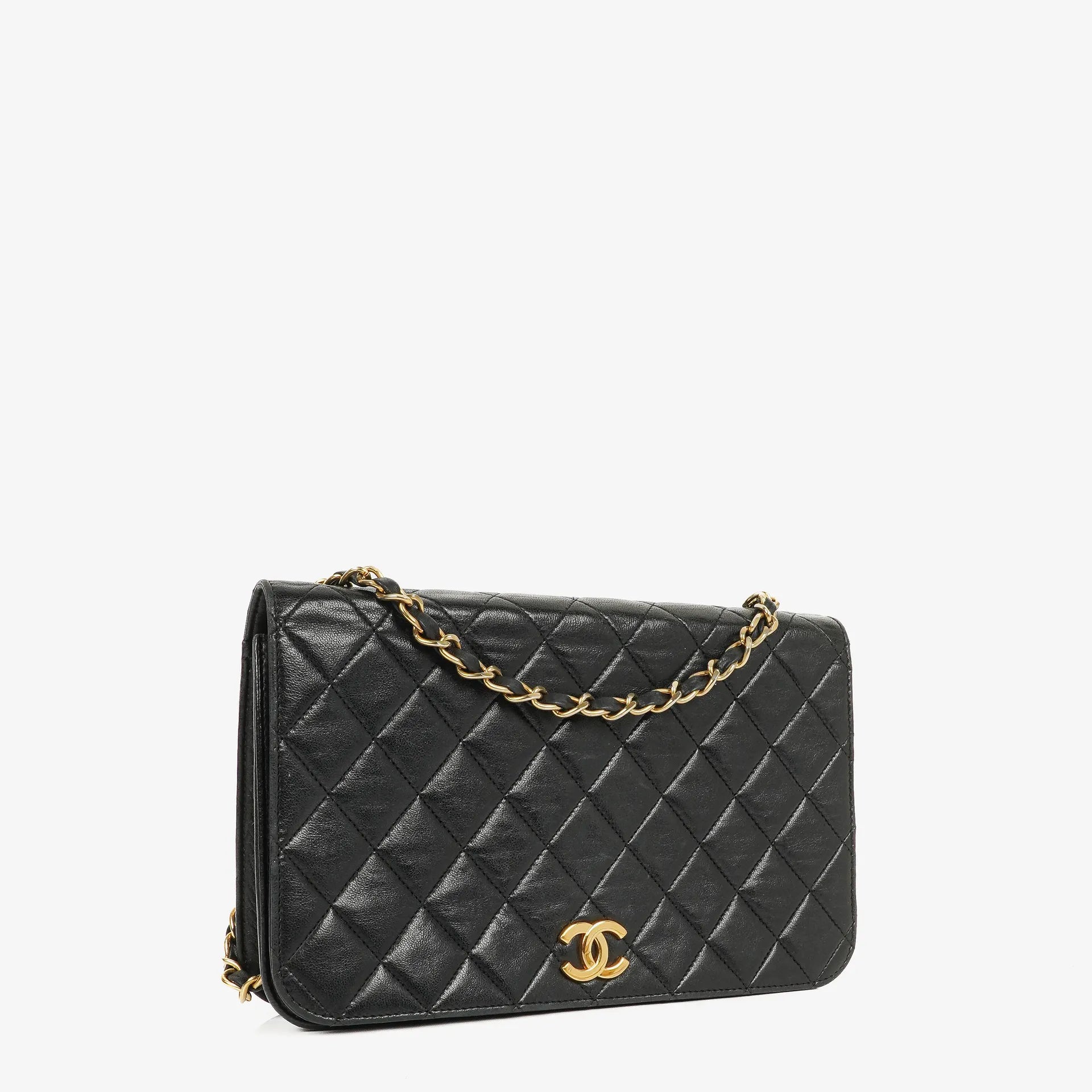 Chanel Classic Full Flap Bag aus schwarzem gestepptem Lammleder mit 24K vergoldeter Hardware