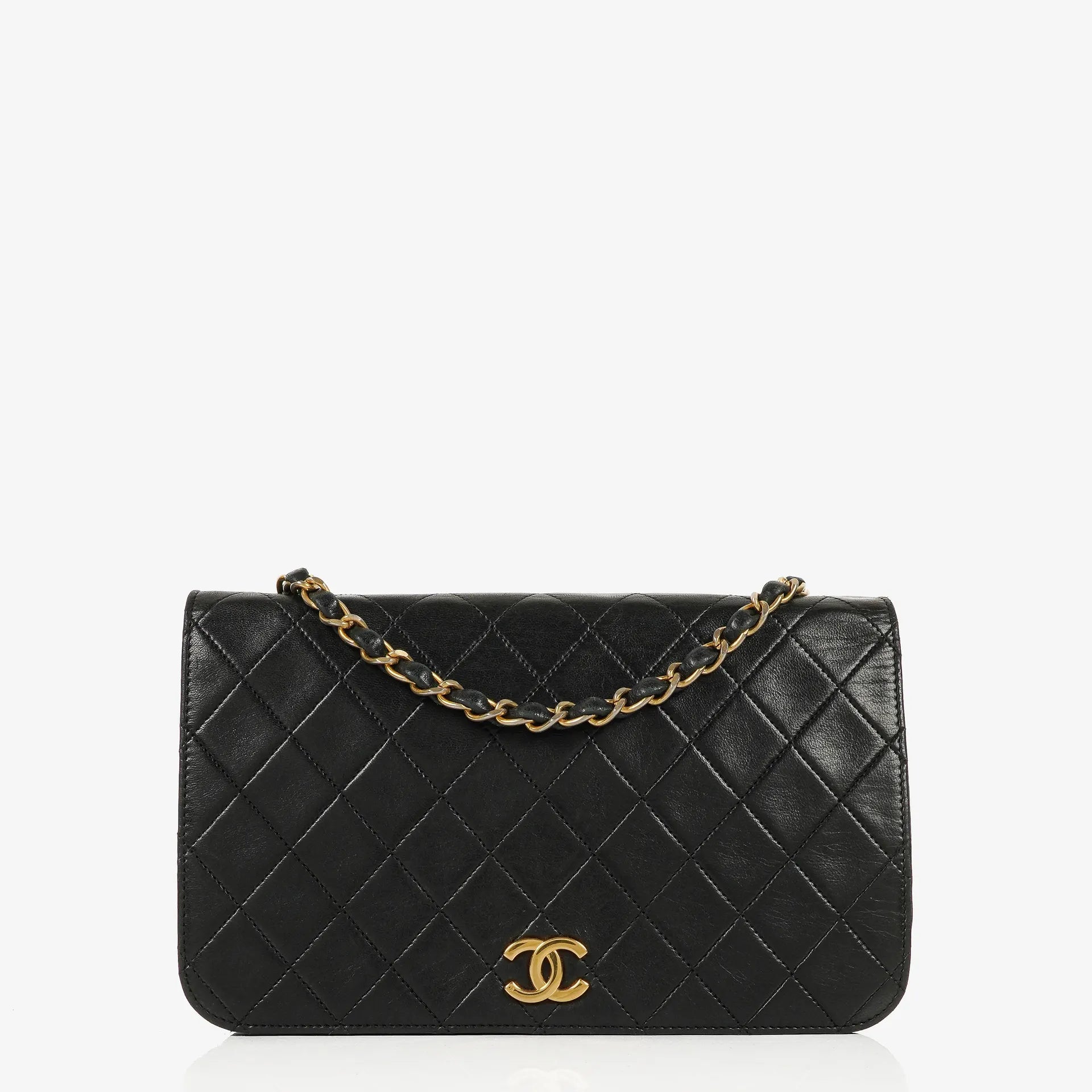 Chanel Classic Full Flap Tasche aus schwarzem gestepptem Lammleder mit 24K vergoldeten Beschlägen