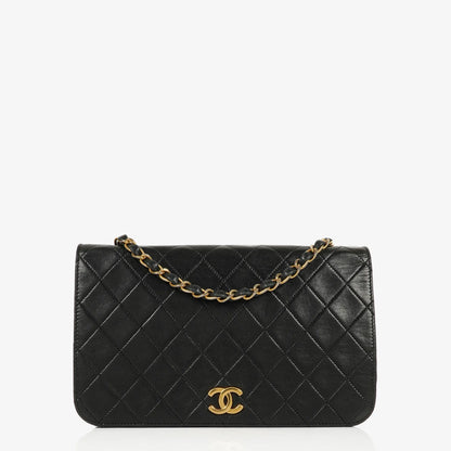 Chanel Classic Full Flap Tasche aus schwarzem gestepptem Lammleder mit 24K vergoldeten Beschlägen