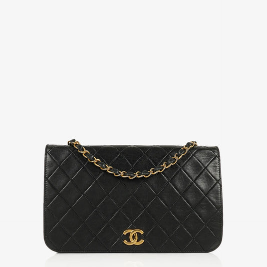 Chanel Classic Full Flap Tasche aus schwarzem gestepptem Lammleder mit 24K vergoldeten Beschlägen