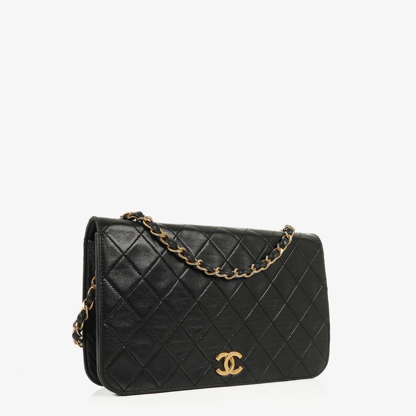 Chanel Classic Full Flap Tasche aus schwarzem gestepptem Lammleder mit 24K vergoldeten Beschlägen