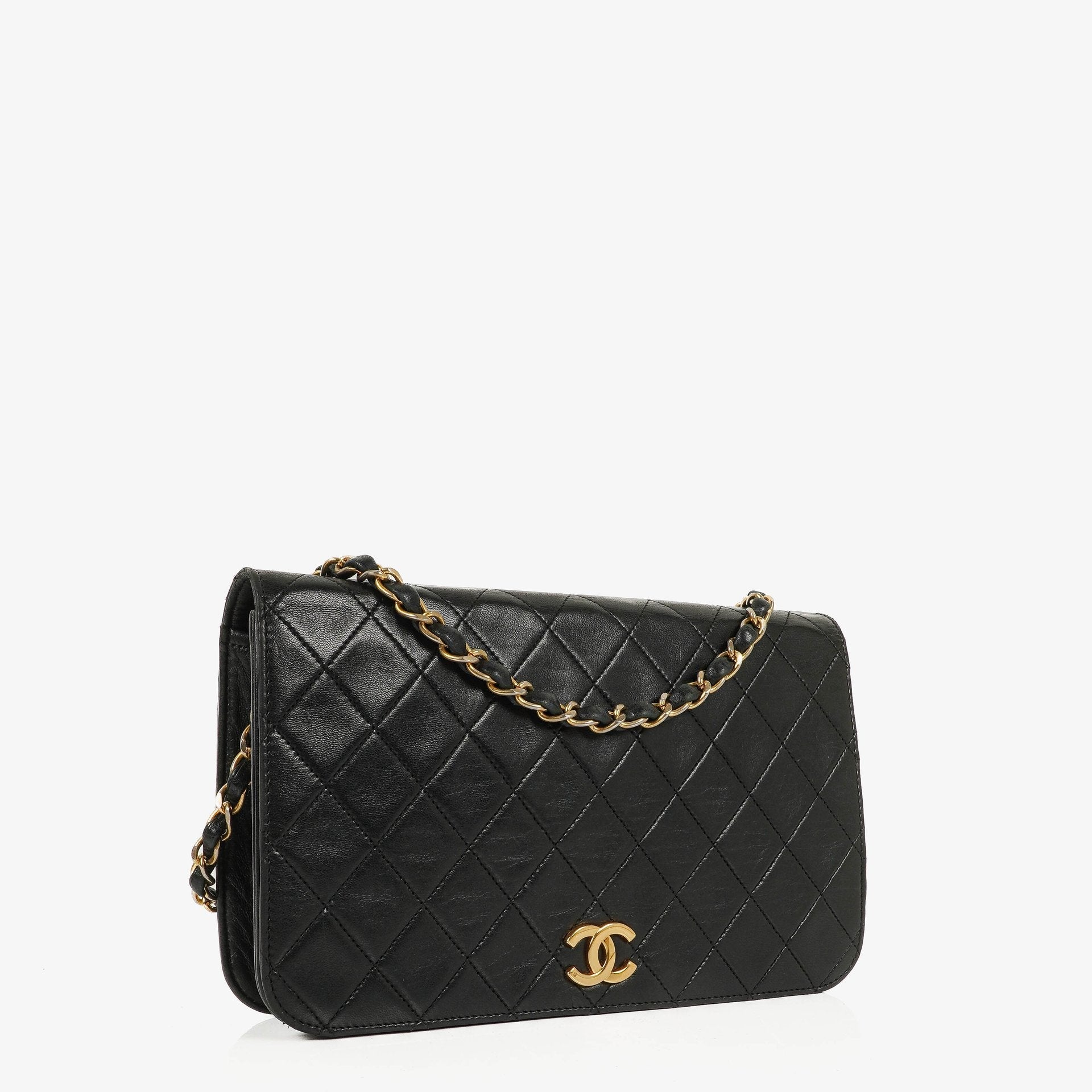 Chanel Classic Full Flap Tasche aus schwarzem gestepptem Lammleder mit 24K vergoldeten Beschlägen