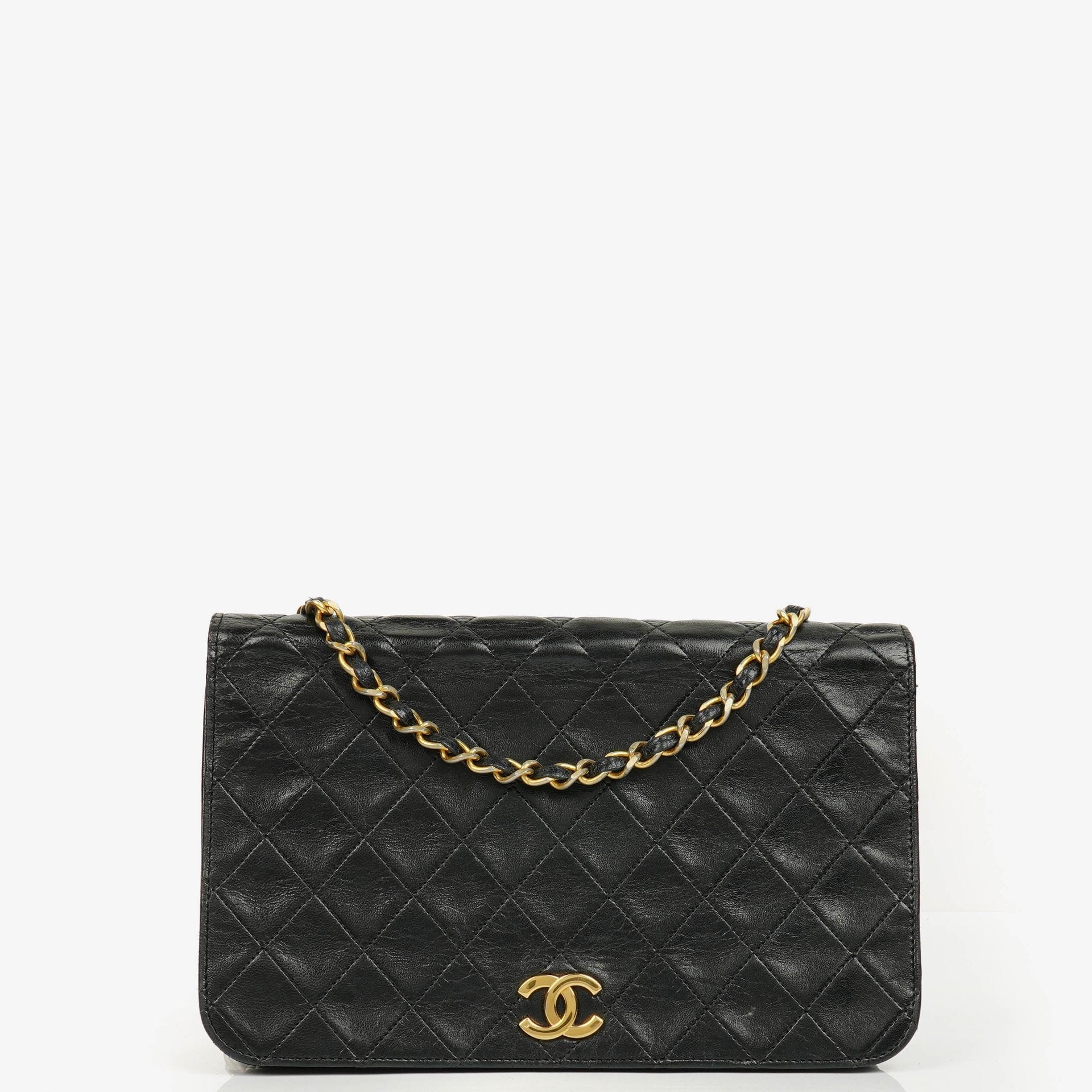 Chanel Classic Full Flap Tasche aus schwarzem Steppleder mit 24K vergoldeten Beschlägen