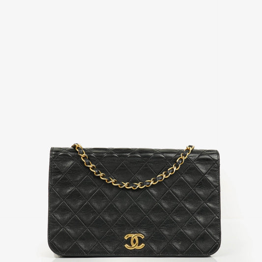 Chanel Classic Full Flap Tasche aus schwarzem Steppleder mit 24K vergoldeten Beschlägen