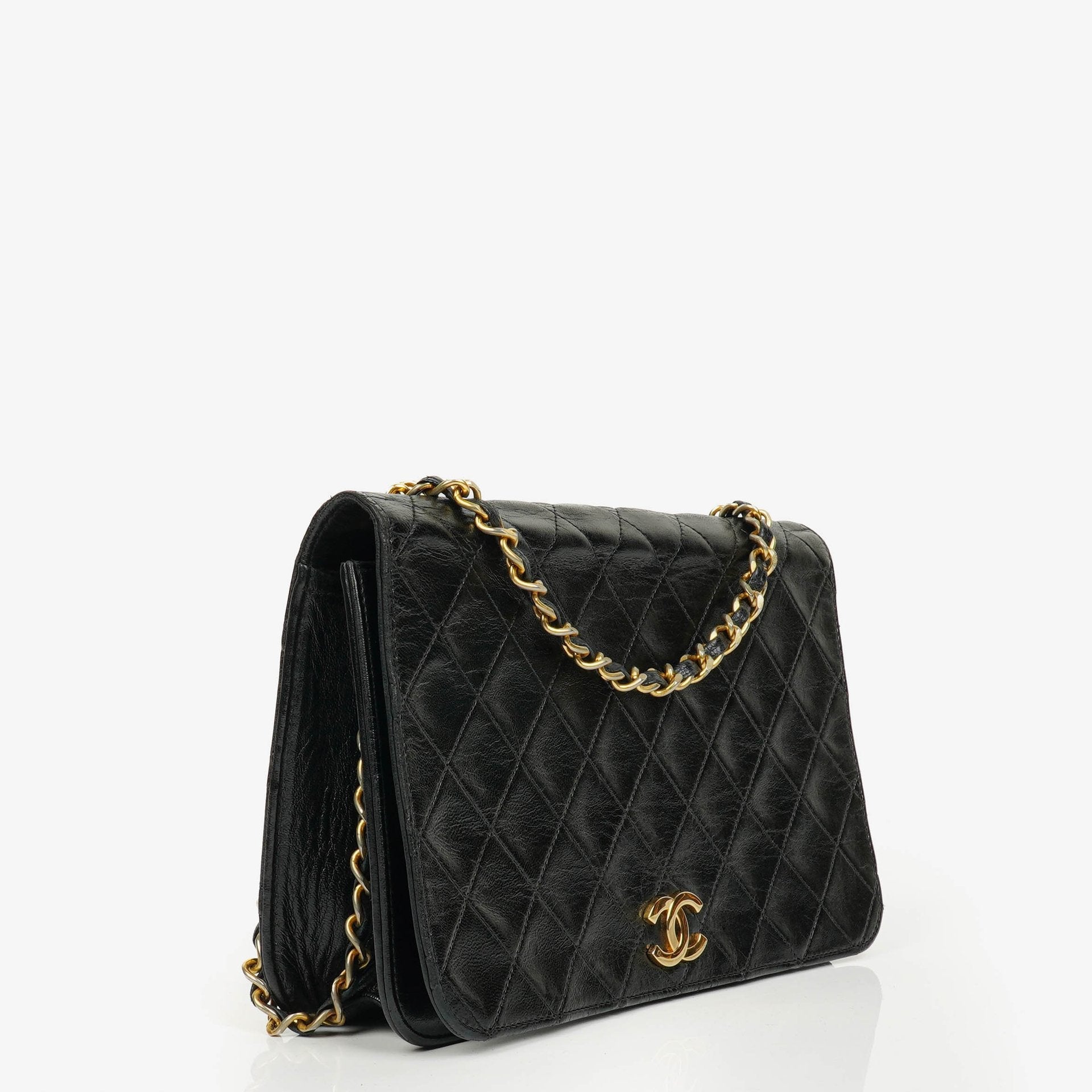 Chanel Classic Full Flap Tasche aus schwarzem Steppleder mit 24K vergoldeten Beschlägen