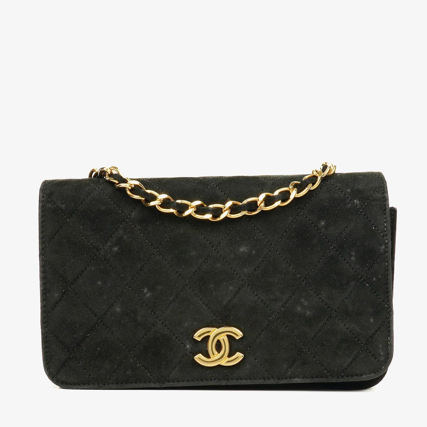 Chanel Classic Full Flap Tasche aus schwarzem gestepptem Wildleder