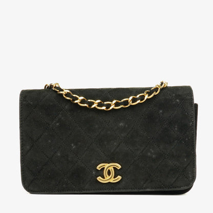 Chanel Classic Full Flap Tasche aus schwarzem gestepptem Wildleder