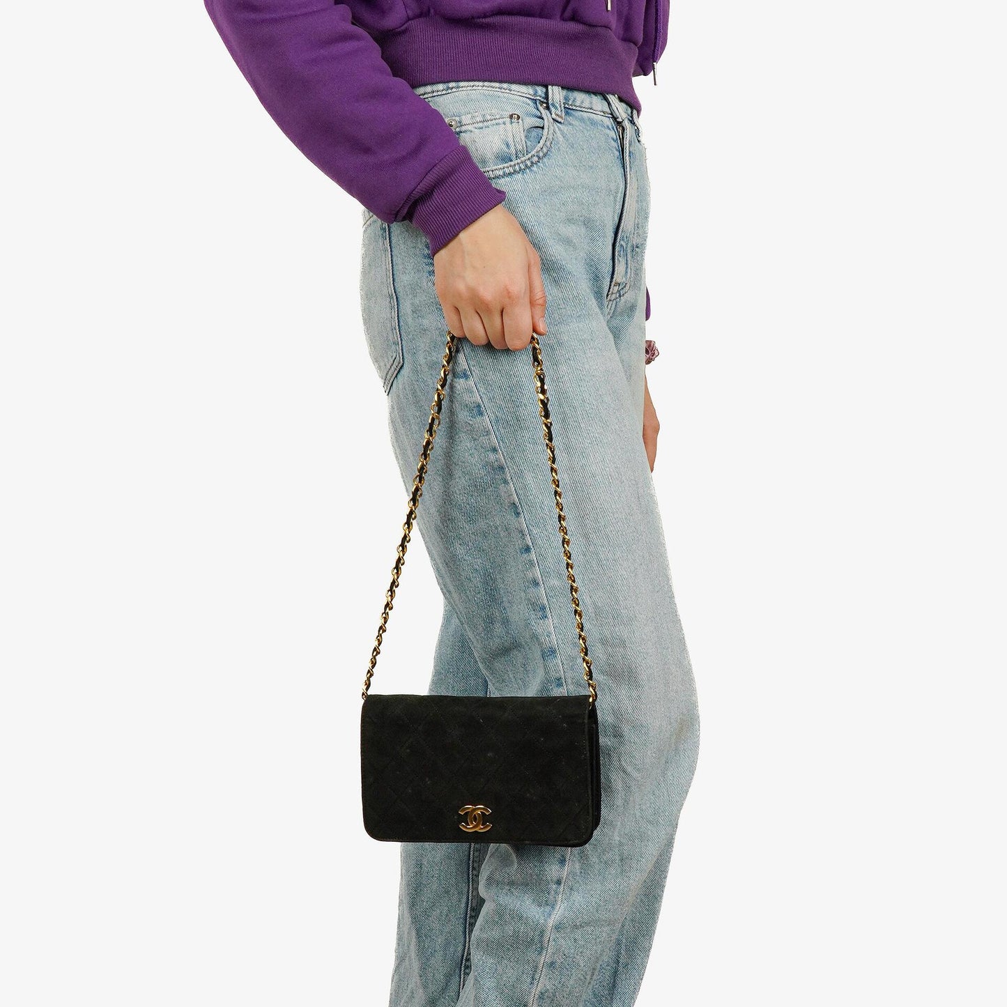 Chanel Classic Full Flap Tasche aus schwarzem gestepptem Wildleder