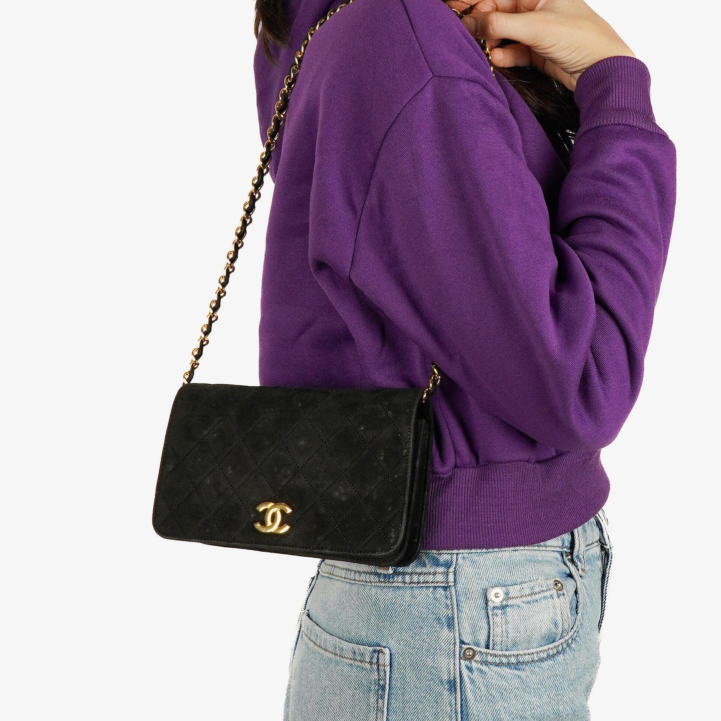 Chanel Classic Full Flap Tasche aus schwarzem gestepptem Wildleder