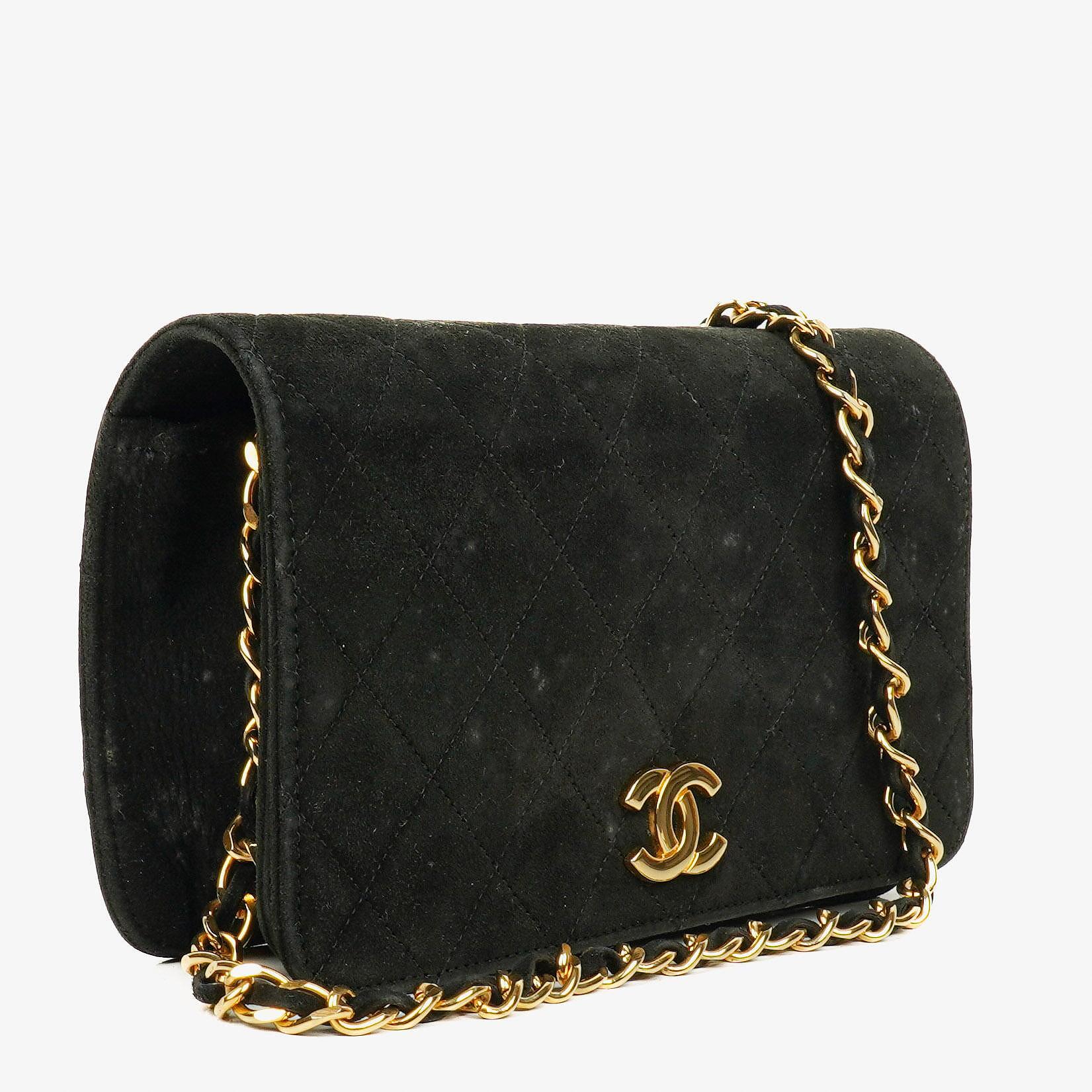 Chanel Classic Full Flap Tasche aus schwarzem gestepptem Wildleder