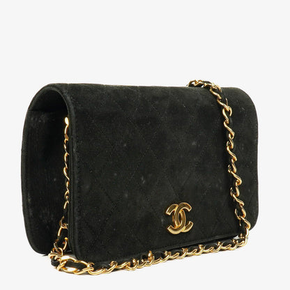 Chanel Classic Full Flap Tasche aus schwarzem gestepptem Wildleder