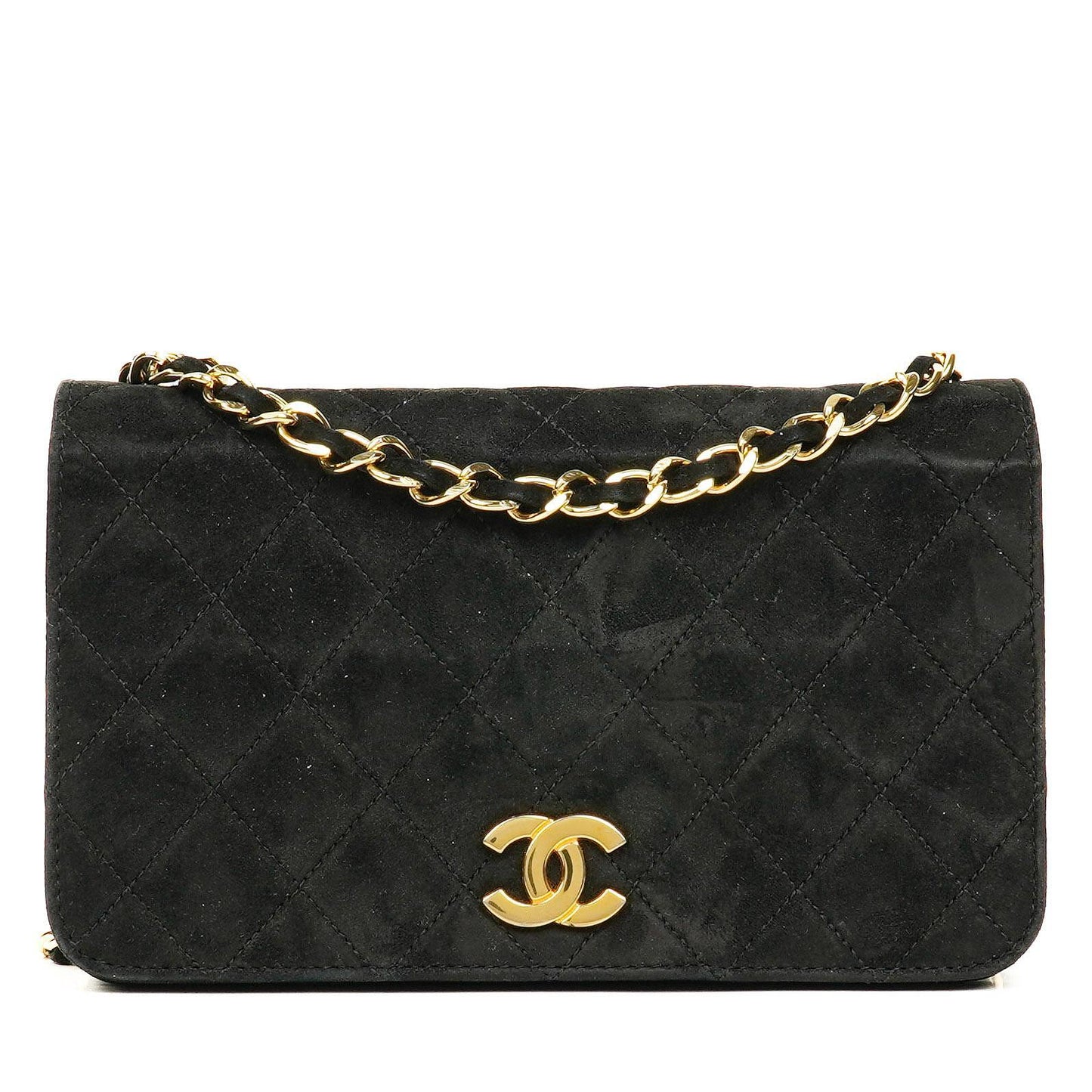 Chanel Classic Full Flap Bag aus schwarzem gestepptem Wildleder