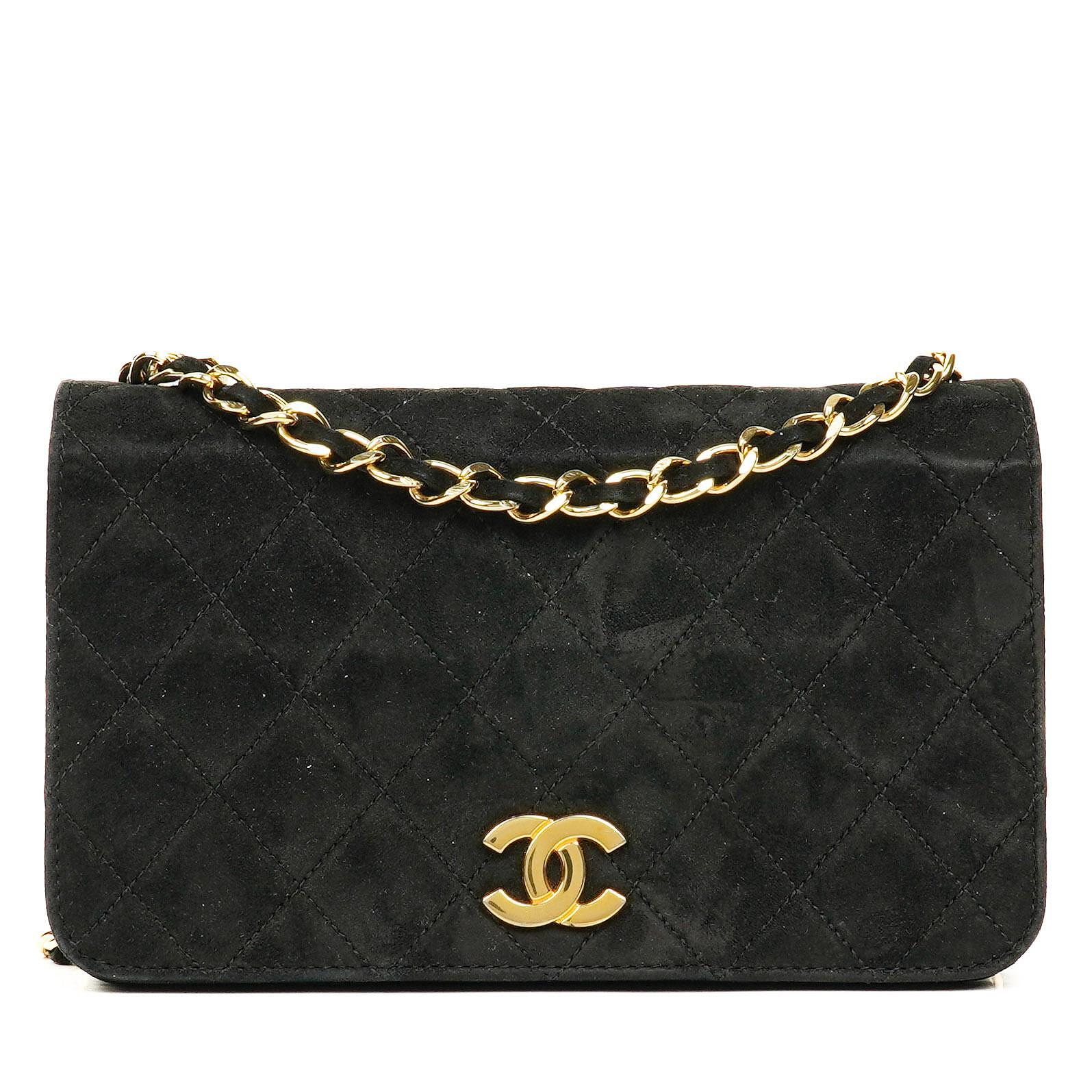 Chanel Classic Full Flap Bag aus schwarzem gestepptem Wildleder