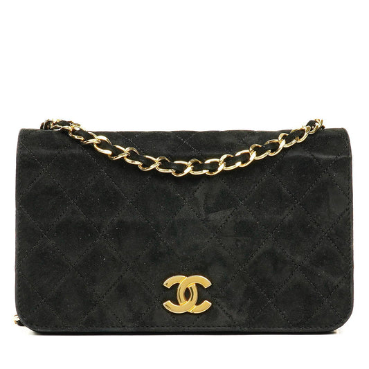 Chanel Classic Full Flap Bag aus schwarzem gestepptem Wildleder