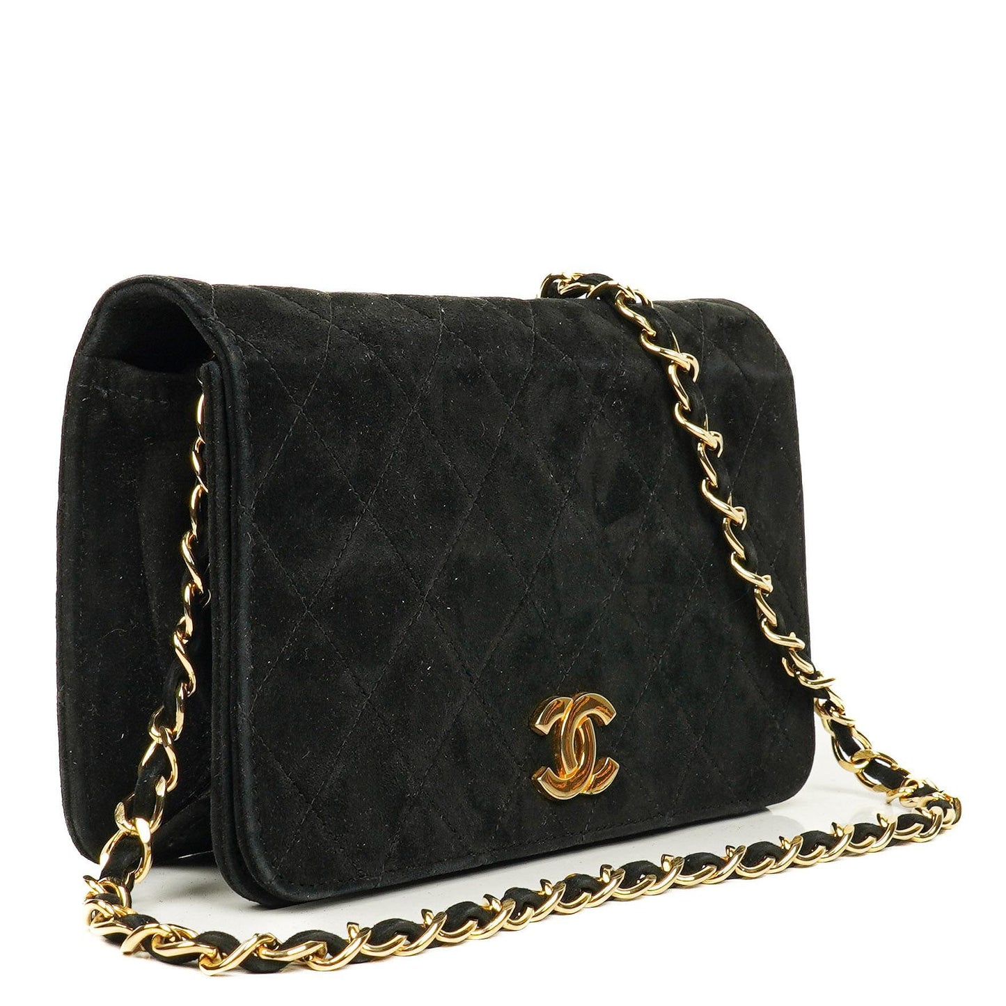 Chanel Classic Full Flap Bag aus schwarzem gestepptem Wildleder