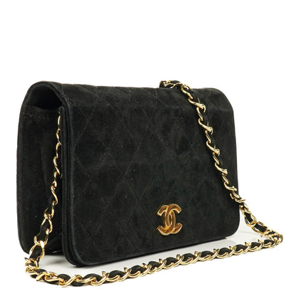 Chanel Classic Full Flap Bag aus schwarzem gestepptem Wildleder