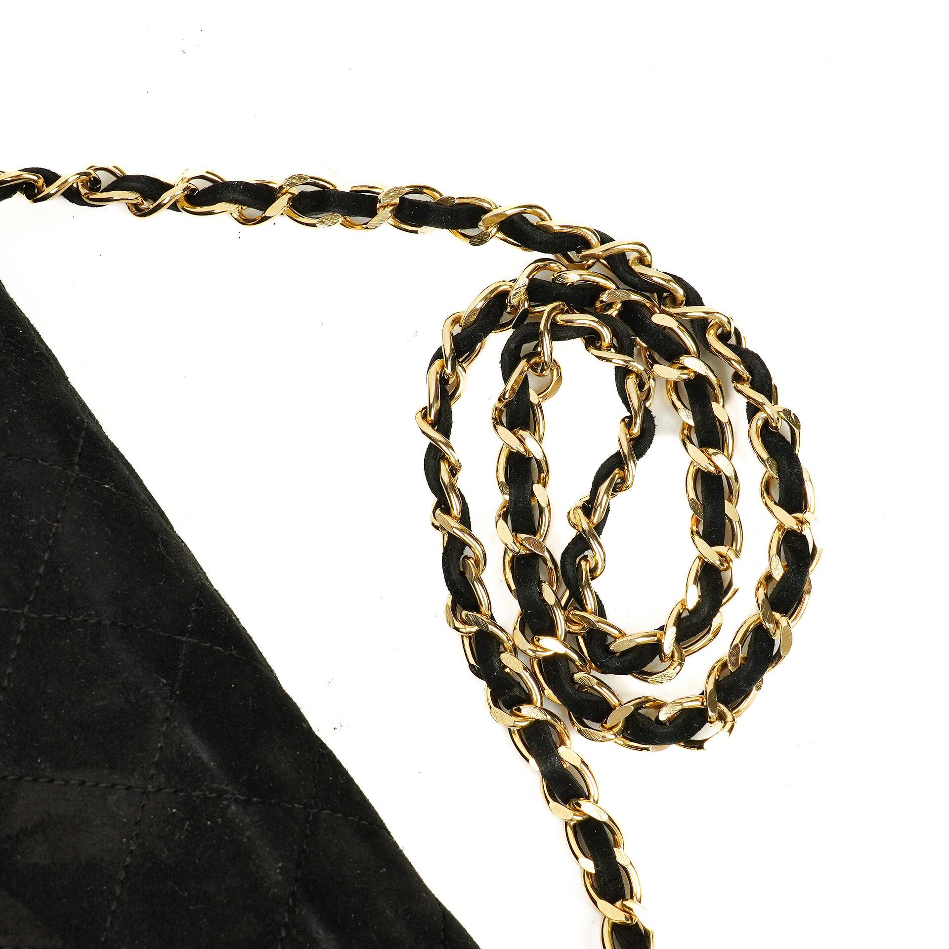 Chanel Classic Full Flap Bag aus schwarzem gestepptem Wildleder