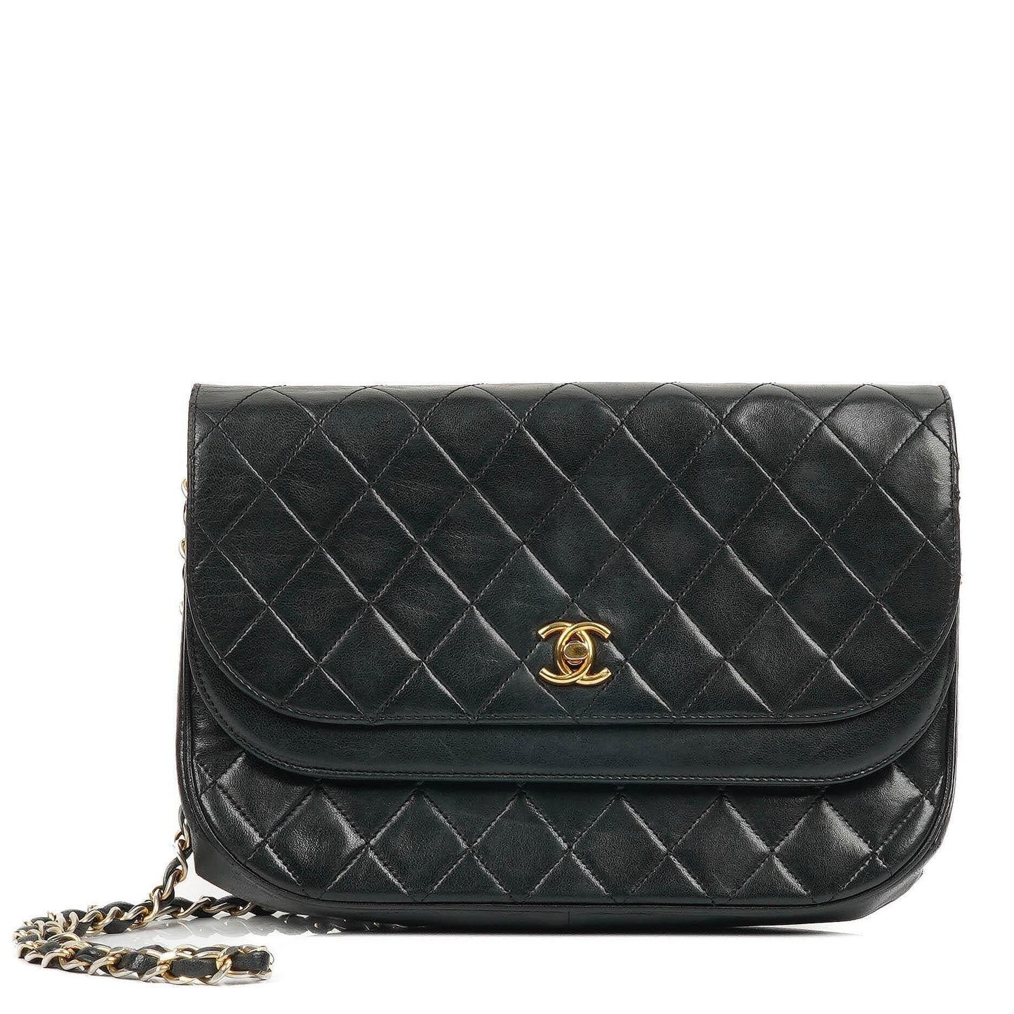 Chanel Classic Half Moon Double Flap Tasche aus schwarzem gestepptem Lammleder mit 24K vergoldeter Hardware