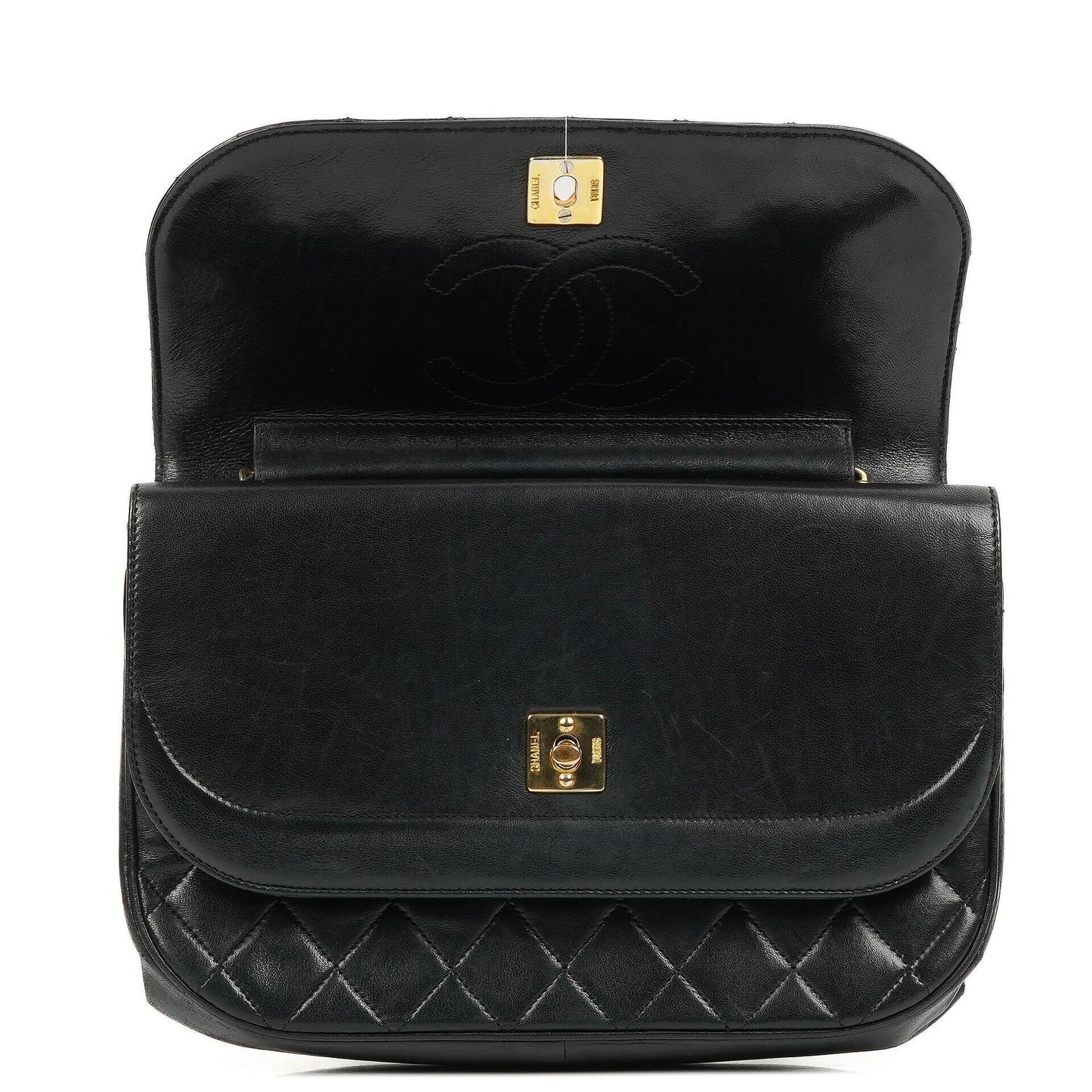 Chanel Classic Half Moon Double Flap Tasche aus schwarzem gestepptem Lammleder mit 24K vergoldeter Hardware