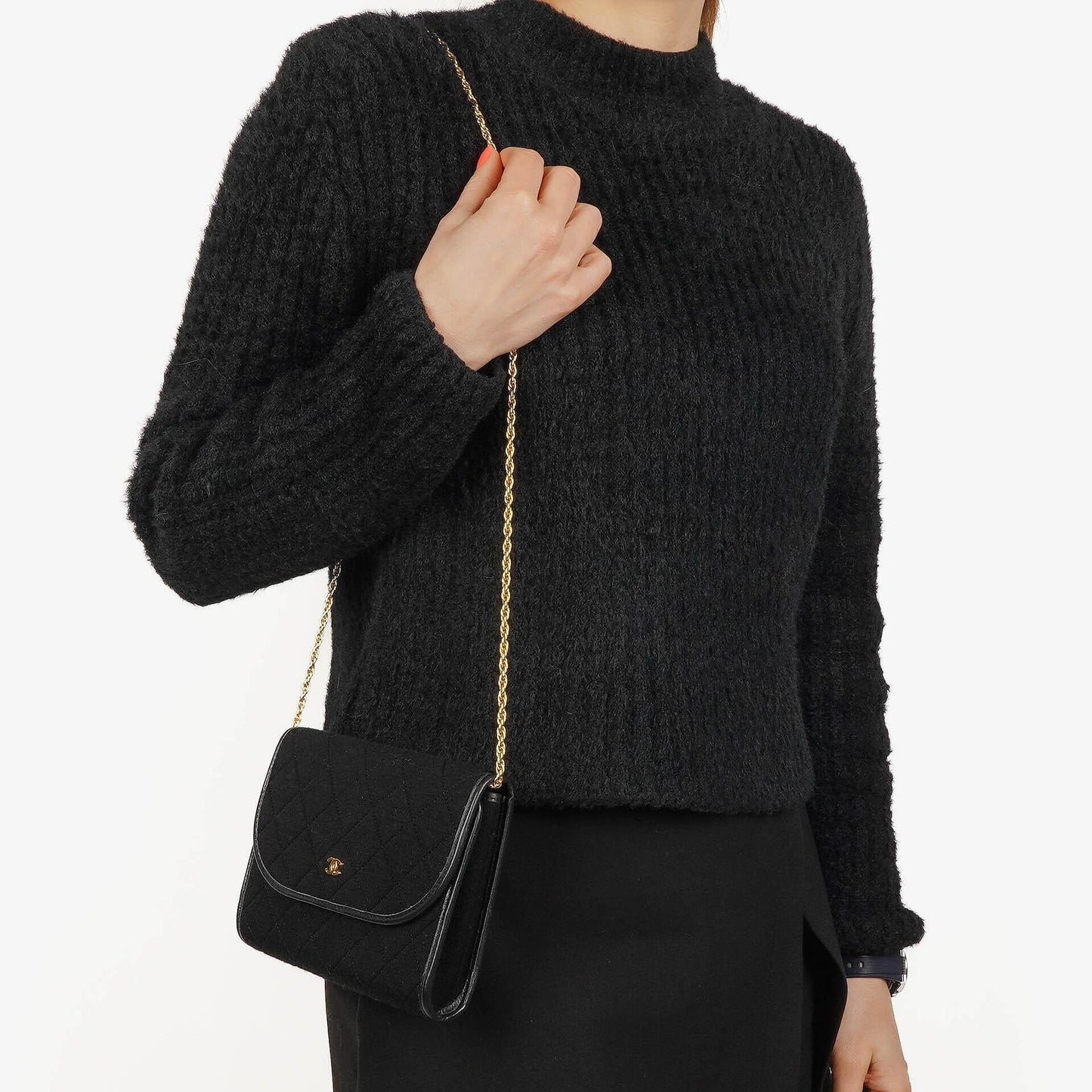 Chanel Classic Jursey Single Flap Tasche Geldbörse mit Kette mit 24K vergoldeter Hardware