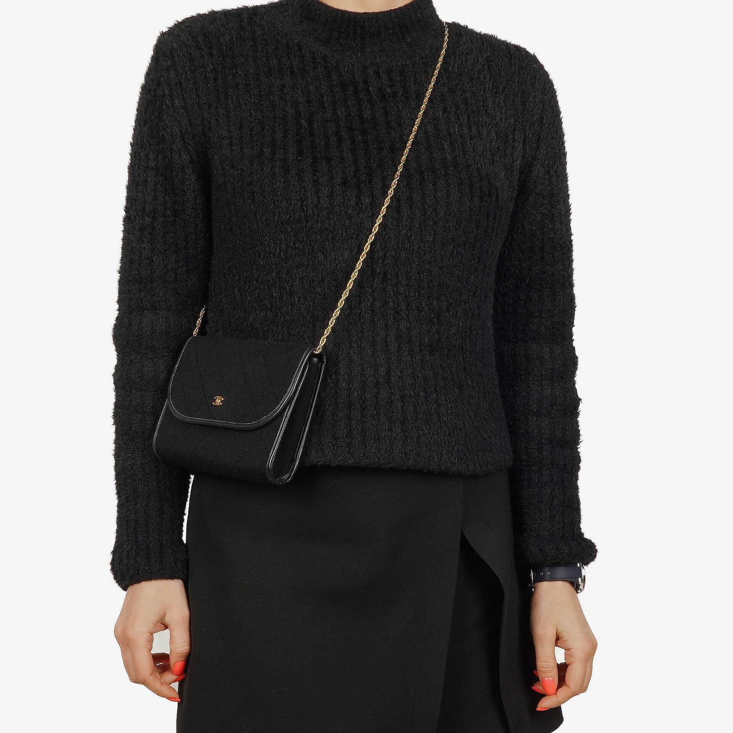 Chanel Classic Jursey Single Flap Tasche Geldbörse mit Kette mit 24K vergoldeter Hardware