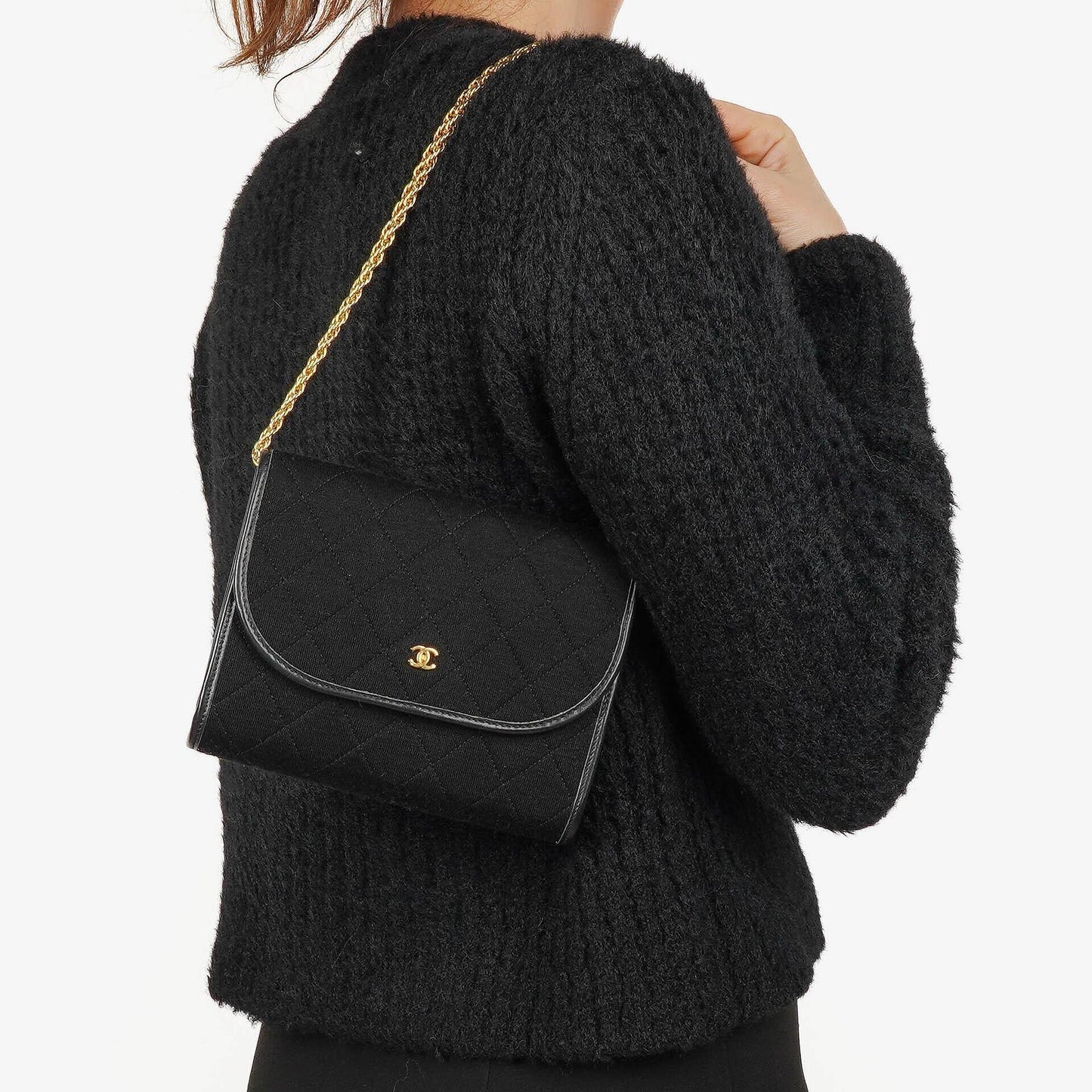 Chanel Classic Jursey Single Flap Tasche Geldbörse mit Kette mit 24K vergoldeter Hardware