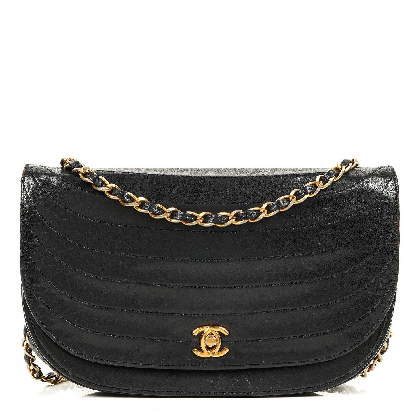 Chanel Classic Half Moon Klappentasche aus schwarzem Lammleder mit 24K vergoldeter Hardware