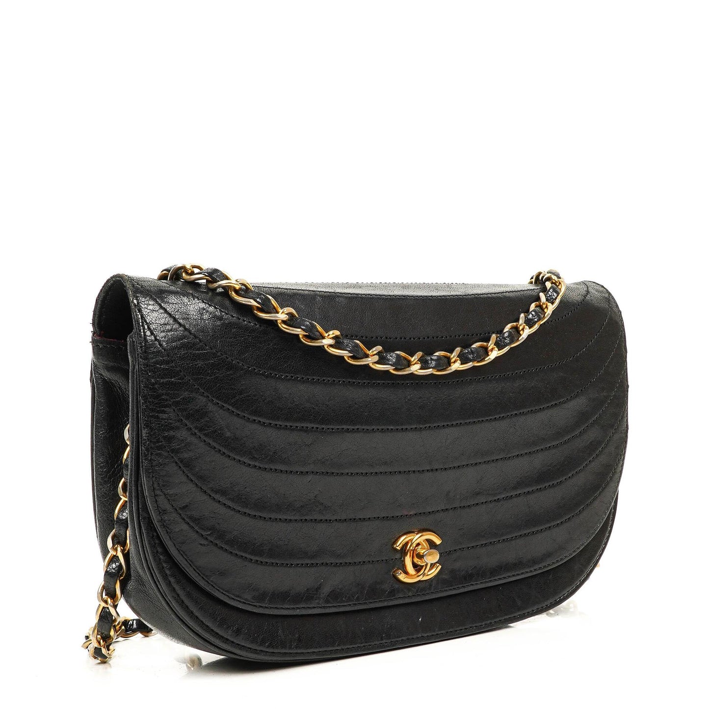 Chanel Classic Half Moon Klappentasche aus schwarzem Lammleder mit 24K vergoldeter Hardware