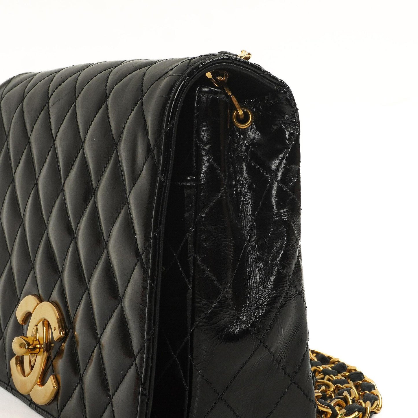 Chanel Klassische Maxi Logo Vollklappen Tasche Schwarze Gequiltete Lackleder Mit 24K Goldbeschichtetem Zubehör