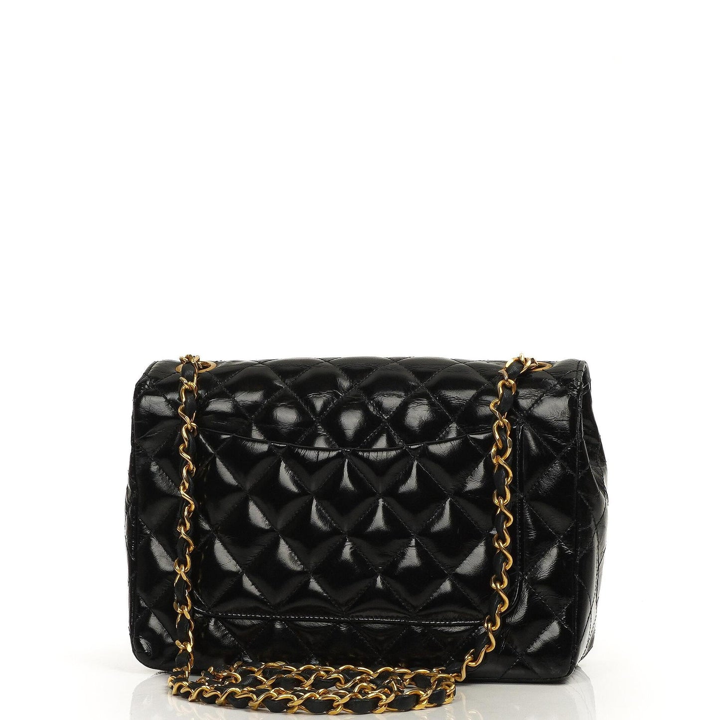 Chanel Klassische Maxi Logo Vollklappen Tasche Schwarze Gequiltete Lackleder Mit 24K Goldbeschichtetem Zubehör