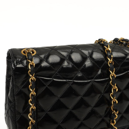 Chanel Klassische Maxi Logo Vollklappen Tasche Schwarze Gequiltete Lackleder Mit 24K Goldbeschichtetem Zubehör