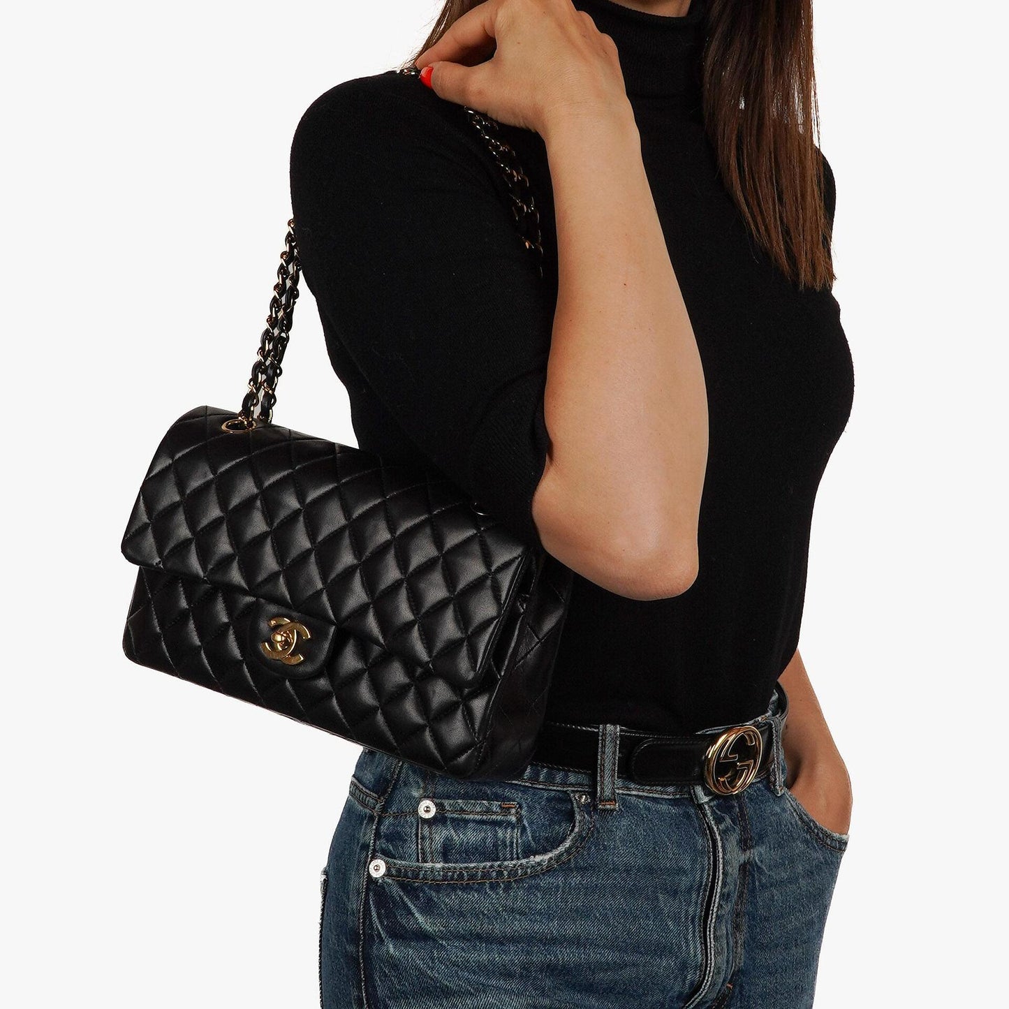 Chanel Classic Medium Double Flap Bag Schwarzes Gequiltetes Lammleder 24K Goldbeschläge