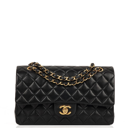 Chanel Classic Medium Double Flap Bag Schwarzes Gequiltetes Lammleder 24K Goldbeschläge