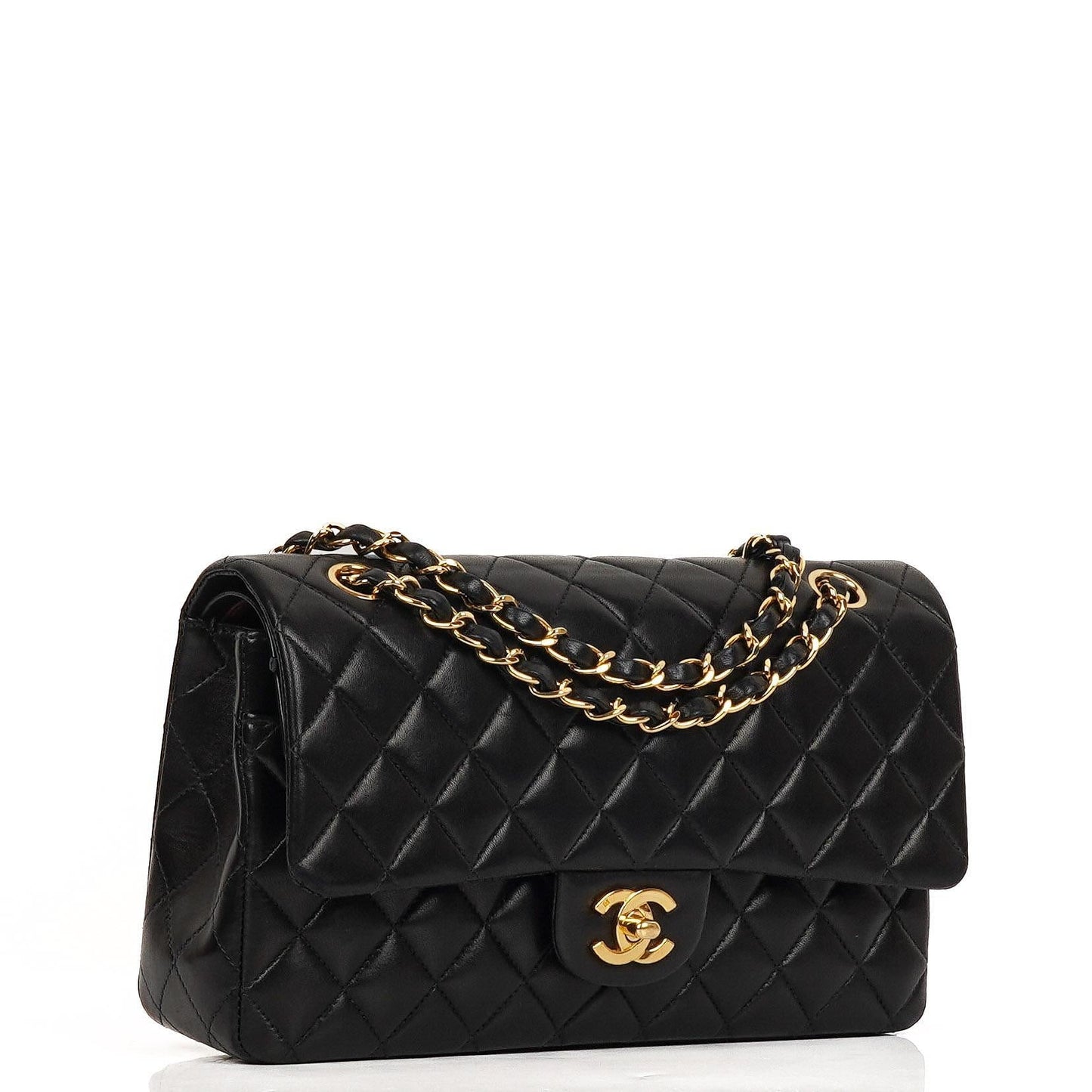 Chanel Classic Medium Double Flap Bag Schwarzes Gequiltetes Lammleder 24K Goldbeschläge