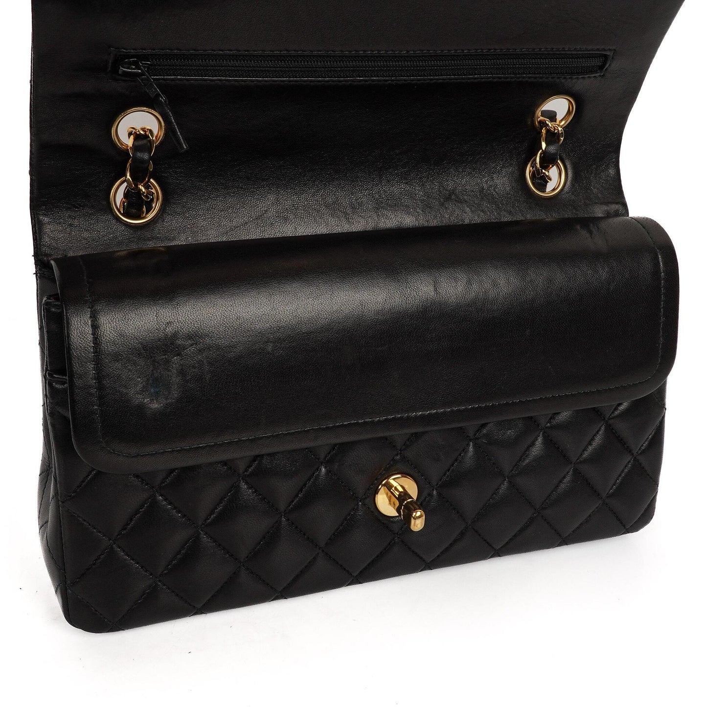 Chanel Classic Medium Double Flap Bag Schwarzes Gequiltetes Lammleder 24K Goldbeschläge