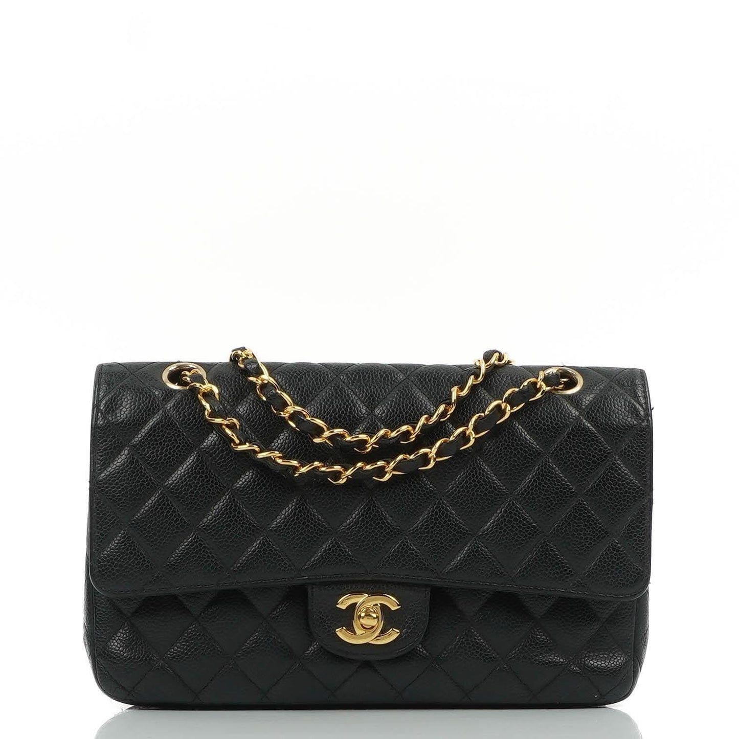 Chanel Classic Medium Double Flap Tasche aus schwarzem gestepptem Caviar-Leder mit 24K vergoldeter Hardware