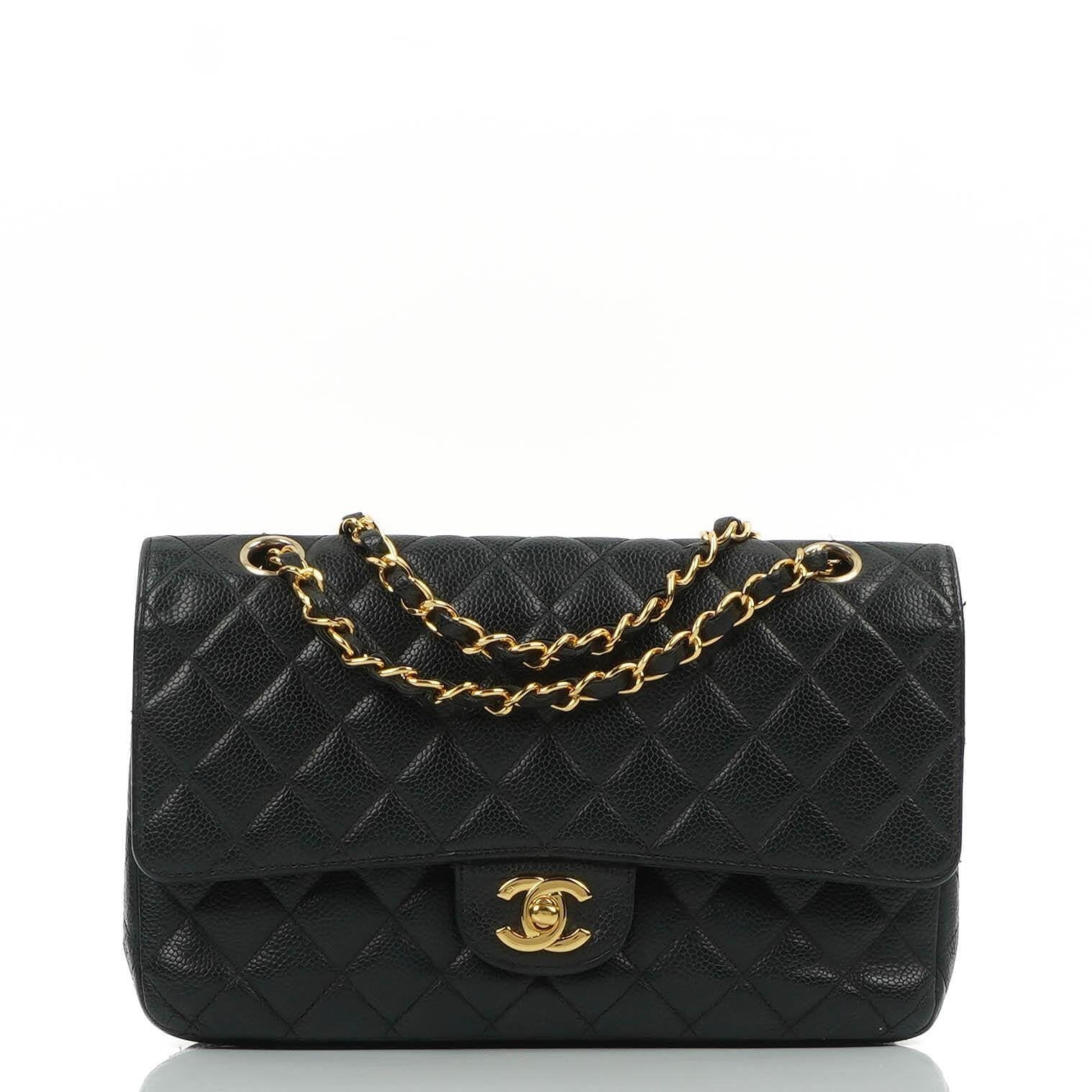 Chanel Classic Medium Double Flap Tasche aus schwarzem gestepptem Caviar-Leder mit 24K vergoldeter Hardware
