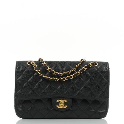Chanel Classic Medium Double Flap Tasche aus schwarzem gestepptem Caviar-Leder mit 24K vergoldeter Hardware