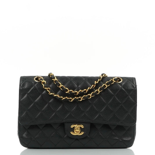 Chanel Classic Medium Double Flap Tasche aus schwarzem gestepptem Caviar-Leder mit 24K vergoldeter Hardware