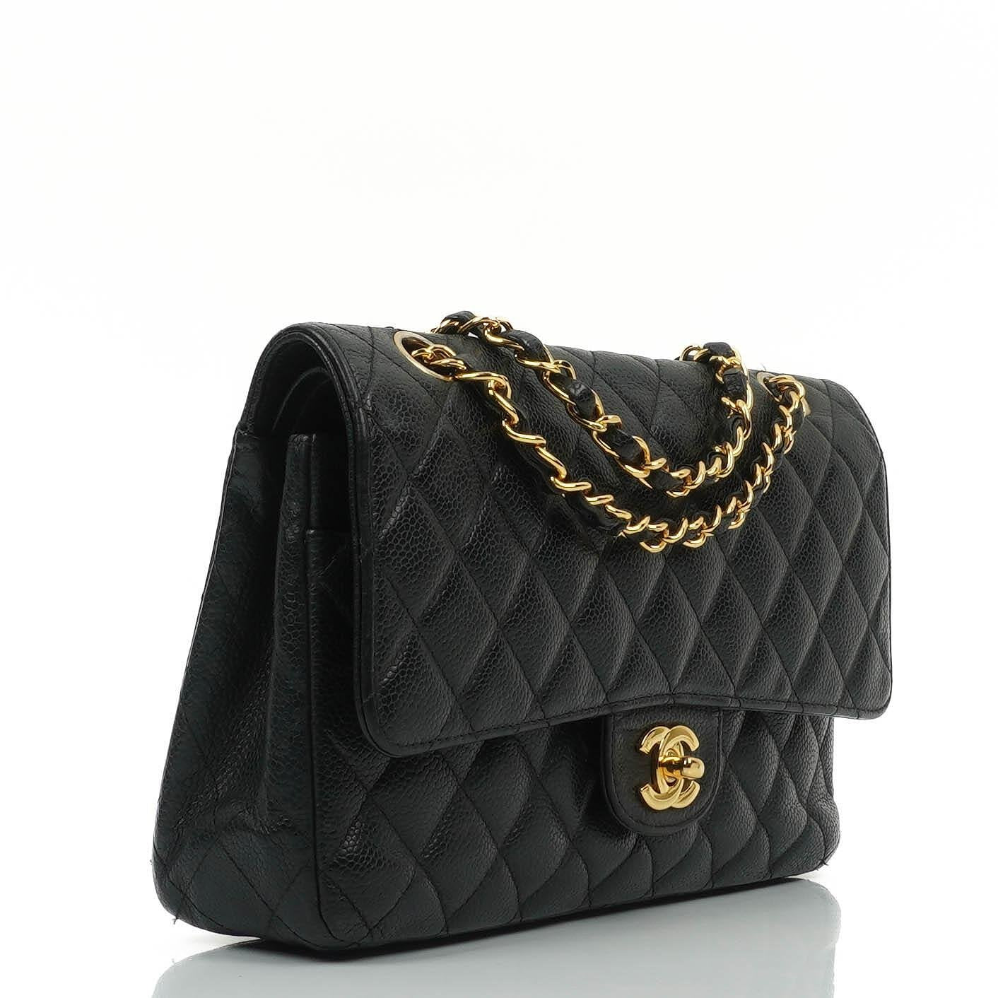 Chanel Classic Medium Double Flap Tasche aus schwarzem gestepptem Caviar-Leder mit 24K vergoldeter Hardware
