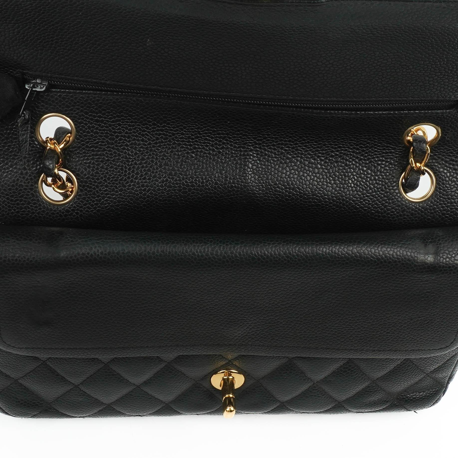 Chanel Classic Medium Double Flap Tasche aus schwarzem gestepptem Caviar-Leder mit 24K vergoldeter Hardware